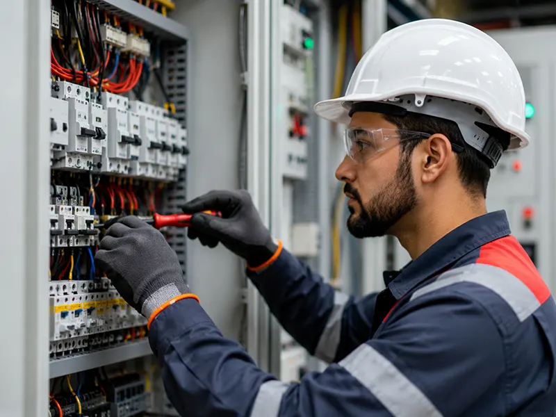 Electrician working on industrial control panel